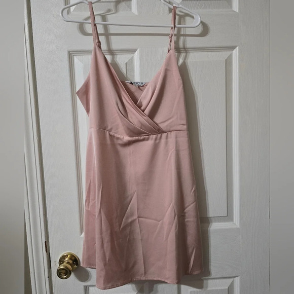 NWOT Studio 19 Y2K Blush Pink Satin Mini Slip Dress/Tunic, Pleated Wrap Neckline - Picture 1 of 12